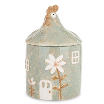 Elegancki Ceramiczny Pojemnik z Namalowaną kurką w Kształcie Domku - Pojemnik Dekoracyjny - 178078