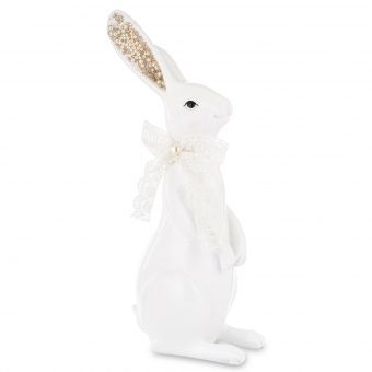 Elegancka Figurka Białego Zająca z Brokatowymi Uszami i Kokardą  - Figurka Dekoracyjna - 183142