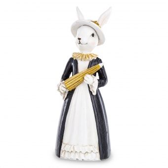 Elegancka Figurka Zająca Wielkanocnego w Eleganckiej Sukni Trzymający Parasolkę – Dekoracja Świąteczna Czarno-Złota Premium - 162721