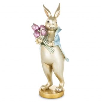 Luksusowa Złota Figurka Zająca Dżentelmena z Tulipanami - Figurka Ozdobna - 183372