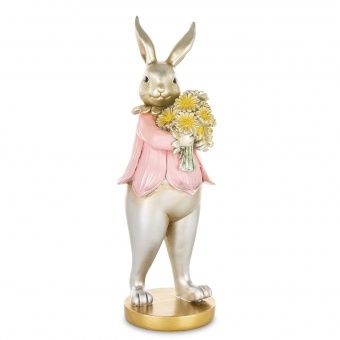 Elegancka Figurka Zająca z Bukietem Kwiatów w Różowej Marynarce - Figurka Ozdobna - 183371