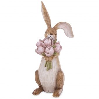 Figurka Zajączka z Bukietem Tulipanów – Dekoracja Wielkanocna w Stylu Naturalnym do Domu - 165669